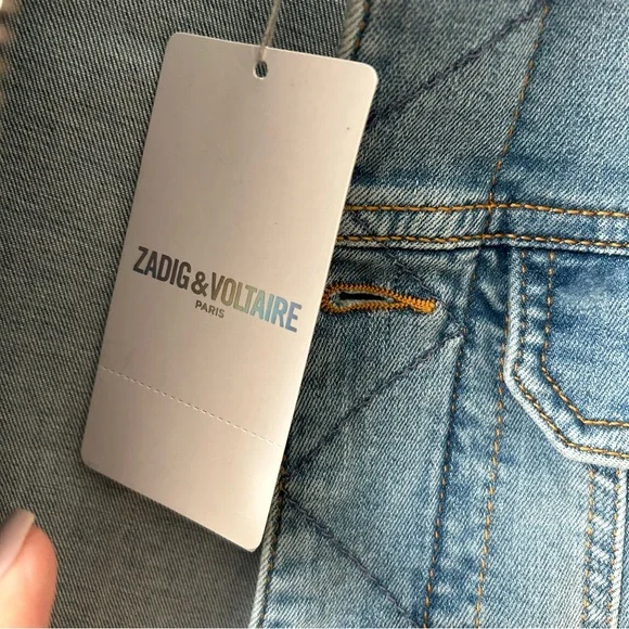 $448 Zadig & Voltaire Kioky Denim Skull Strass Jacket S Small Embellished Jean - Picture 5 of 14